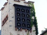 The wooden bells on the tower of the Rüdesheimer Schloss restaurant